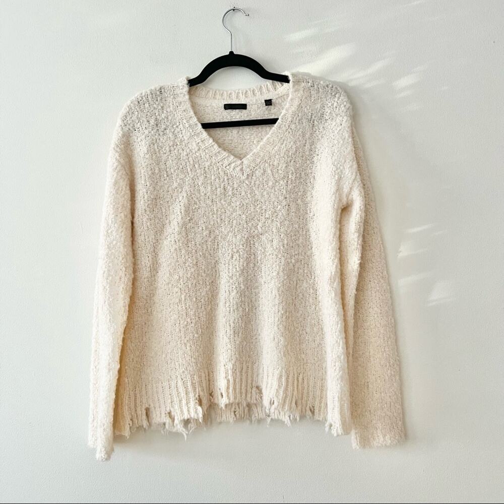 ATM Alpaca-Blend Destroyed V-Neck Sweater in Cream